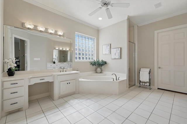 full bath with a garden tub, visible vents, ornamental molding, vanity, and tile patterned floors