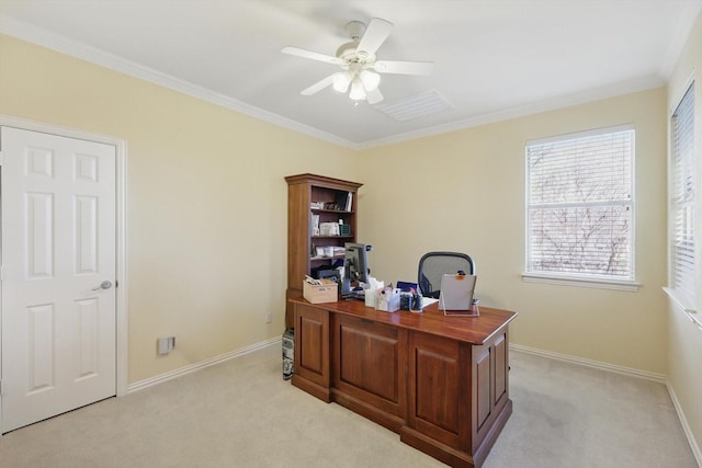 office featuring baseboards, ornamental molding, and light colored carpet