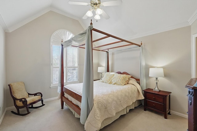 bedroom with ornamental molding, lofted ceiling, light carpet, and ceiling fan