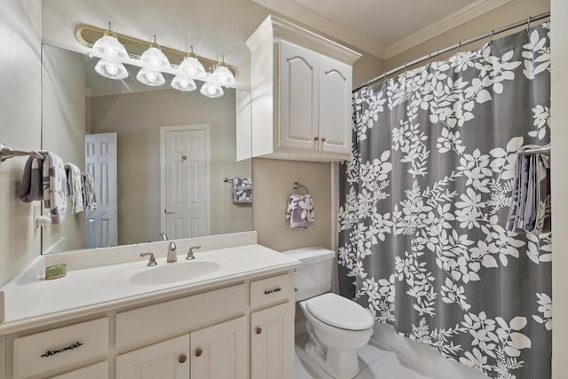 full bathroom with toilet, curtained shower, ornamental molding, and vanity