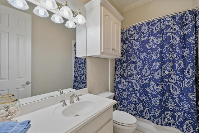 bathroom with ornamental molding, vanity, toilet, and a shower with curtain