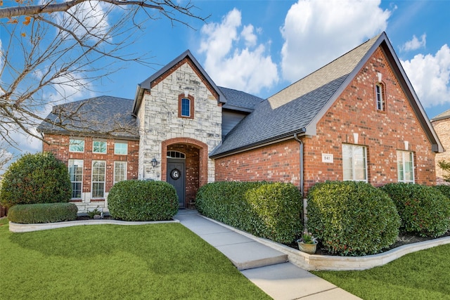 view of front of house with a shingled roof, stone siding, brick siding, and a front lawn