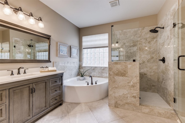 full bath featuring a stall shower, visible vents, vanity, and a bath