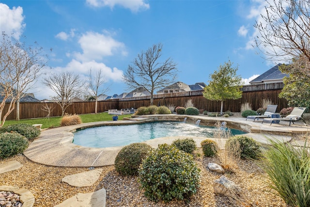 view of swimming pool with a fenced in pool, a fenced backyard, and a patio