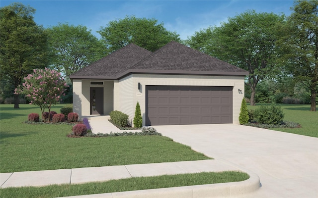 ranch-style house featuring brick siding, roof with shingles, a front yard, a garage, and driveway