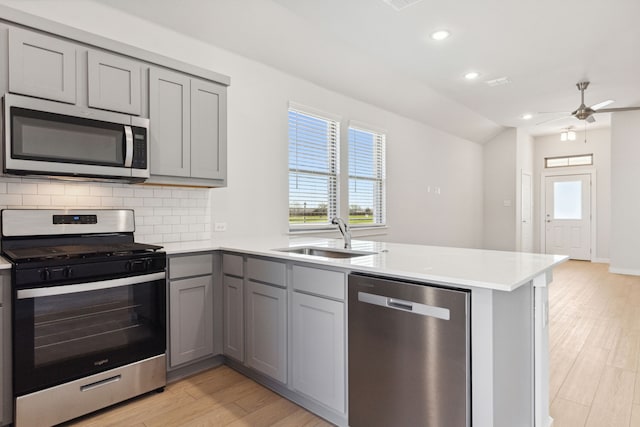 kitchen featuring tasteful backsplash, gray cabinetry, appliances with stainless steel finishes, a sink, and a peninsula