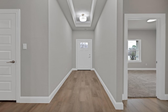 doorway to outside with a raised ceiling, a skylight, wood finished floors, and baseboards