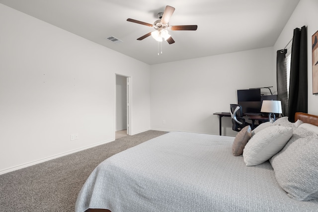 bedroom with carpet floors, visible vents, ceiling fan, and baseboards