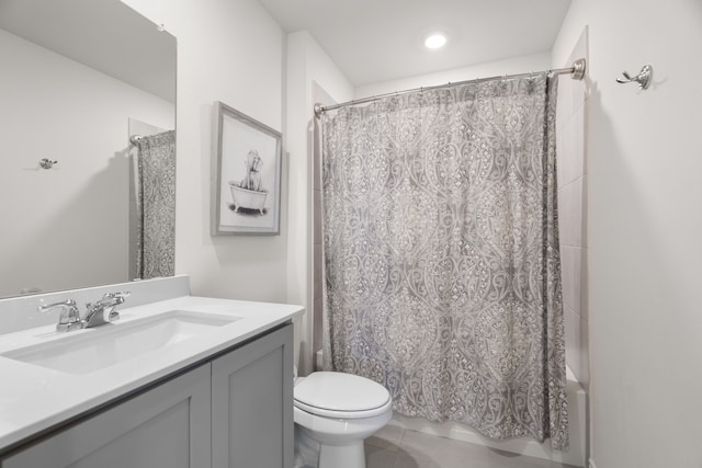 full bathroom with toilet, shower / tub combo with curtain, and vanity