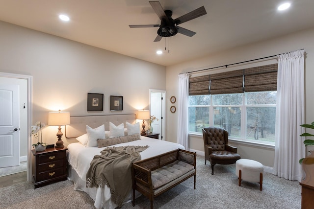 bedroom with carpet floors, baseboards, a ceiling fan, and recessed lighting