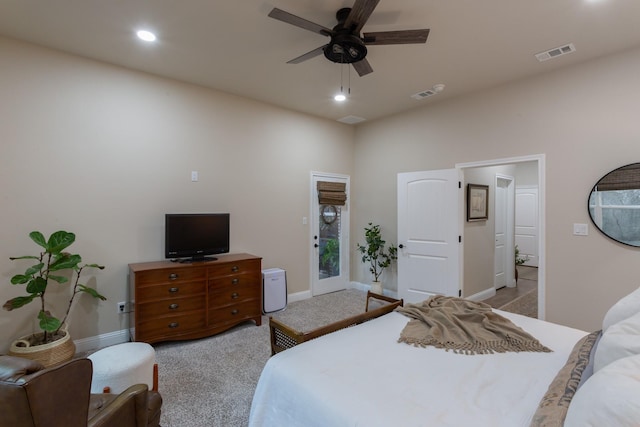 carpeted bedroom featuring access to outside, visible vents, ceiling fan, and recessed lighting