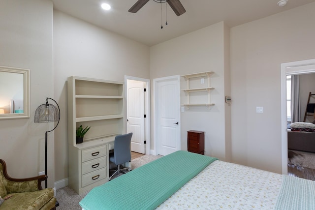 bedroom featuring ceiling fan, light carpet, baseboards, and recessed lighting