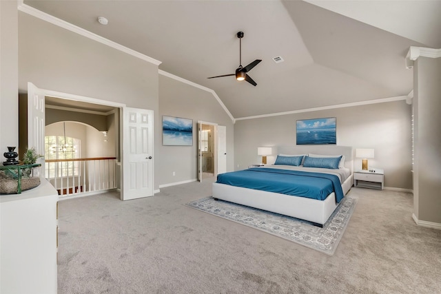 bedroom with high vaulted ceiling, ornamental molding, carpet flooring, and baseboards