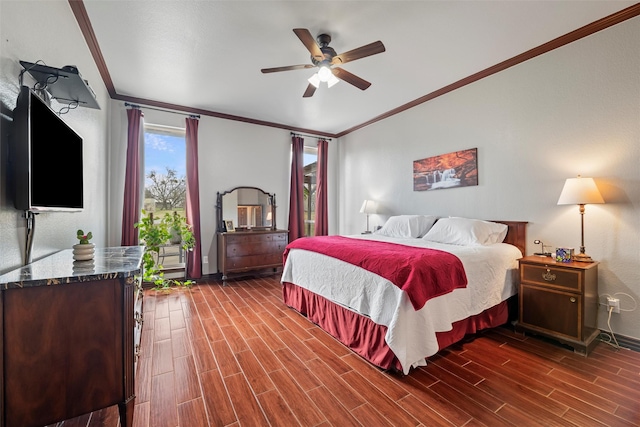 bedroom featuring ornamental molding, wood tiled floor, ceiling fan, and baseboards