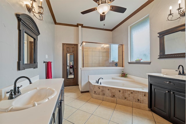 full bath with ornamental molding, two vanities, and a sink