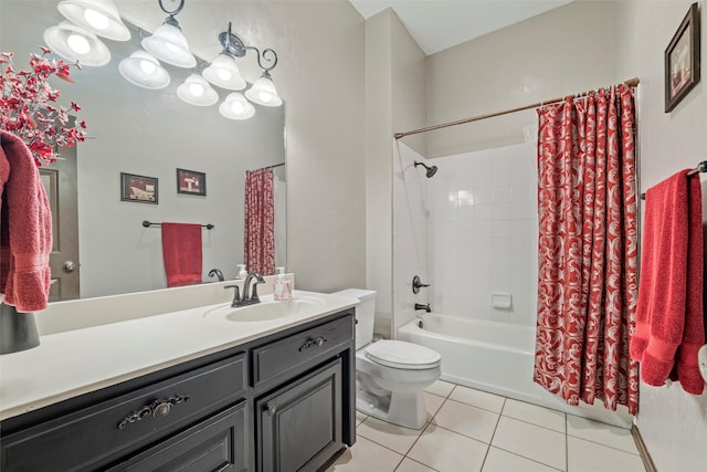 full bath featuring toilet, tile patterned flooring, shower / bath combo, and vanity