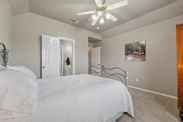 bedroom with carpet, visible vents, vaulted ceiling, and baseboards