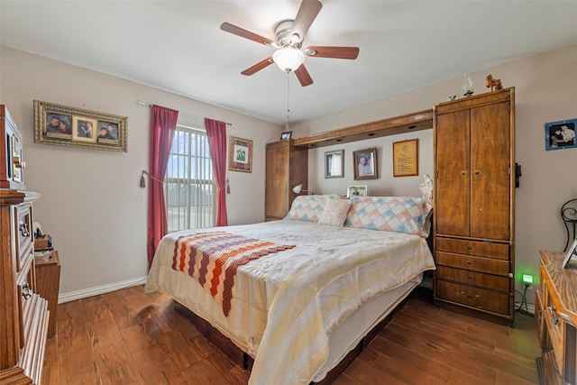 bedroom featuring dark wood-style floors, access to exterior, ceiling fan, and baseboards