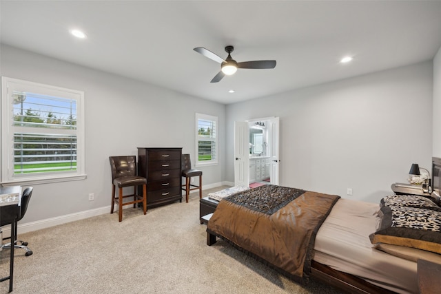 carpeted bedroom with ceiling fan, recessed lighting, connected bathroom, and baseboards