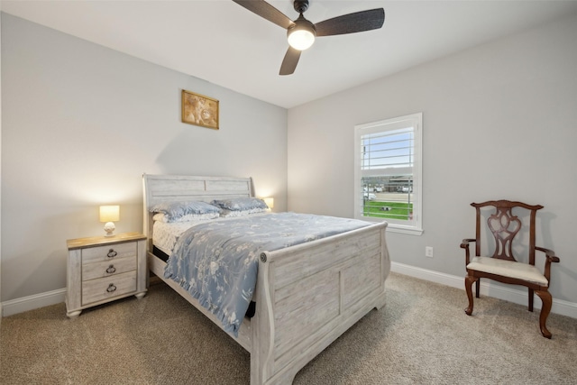 bedroom featuring carpet, ceiling fan, and baseboards