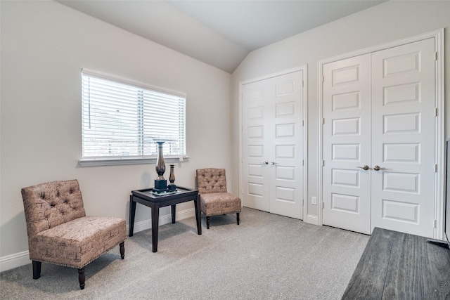 living area with carpet floors, baseboards, and lofted ceiling