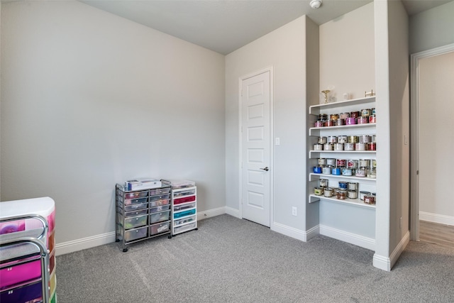 interior space featuring carpet flooring and baseboards