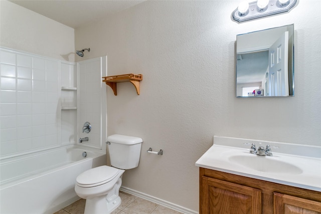 full bath featuring bathing tub / shower combination, toilet, vanity, tile patterned flooring, and baseboards