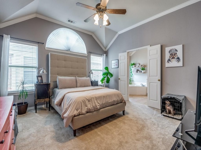 bedroom with light carpet, ornamental molding, vaulted ceiling, and visible vents