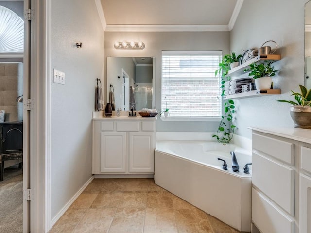 bathroom with ornamental molding, a shower stall, vanity, and a bath