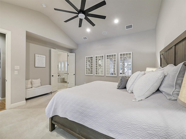 bedroom featuring baseboards, recessed lighting, visible vents, and light colored carpet