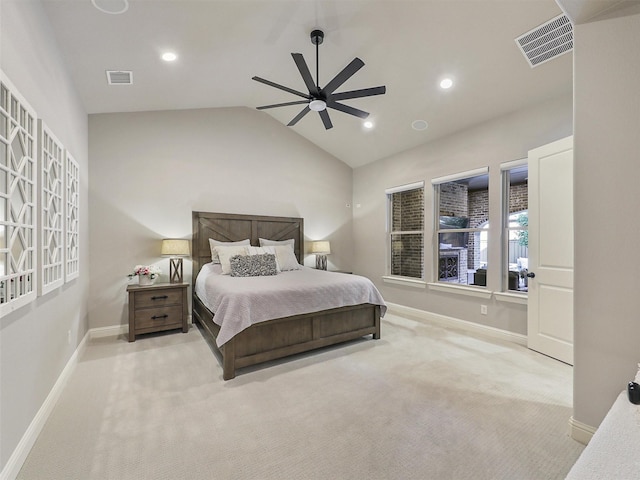 bedroom featuring baseboards, visible vents, vaulted ceiling, and carpet flooring