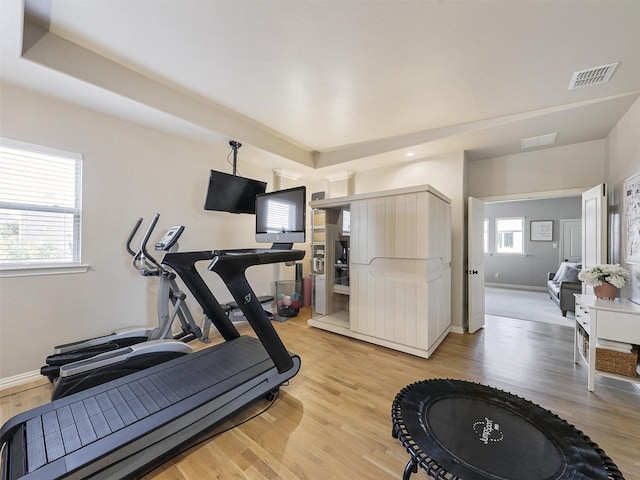 workout area with a wealth of natural light, visible vents, and light wood finished floors