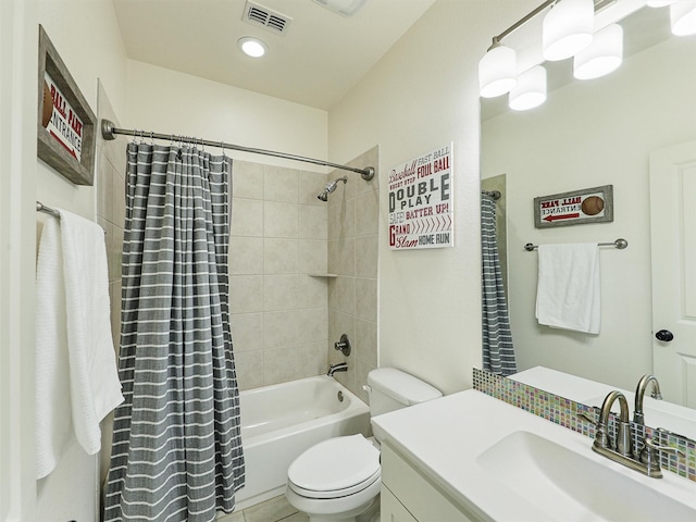 full bathroom with toilet, shower / bathtub combination with curtain, visible vents, and vanity