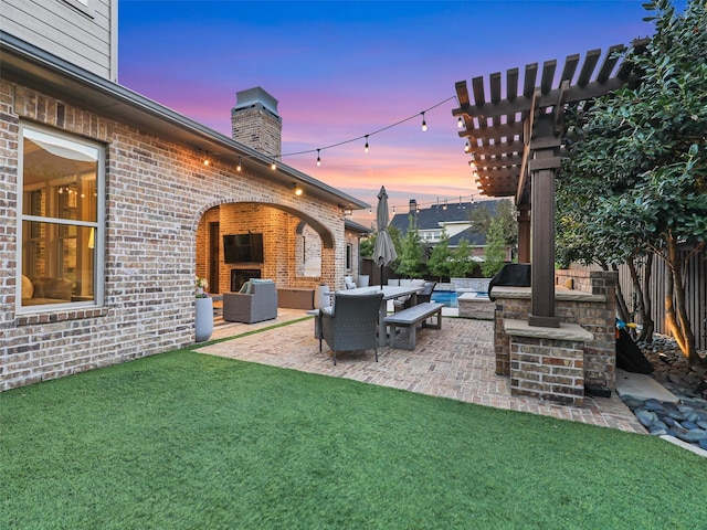 view of patio with an outdoor hangout area, fence, and a pergola