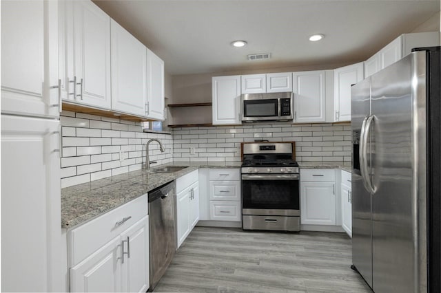 kitchen with visible vents, white cabinets, appliances with stainless steel finishes, open shelves, and a sink