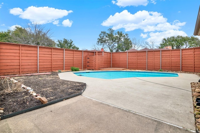 pool with a fenced backyard and a patio