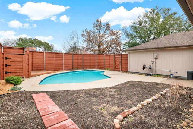 view of pool with a patio area, a fenced backyard, a gate, and a fenced in pool