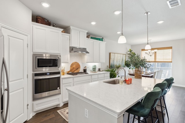 kitchen with under cabinet range hood, a sink, visible vents, appliances with stainless steel finishes, and dark wood finished floors