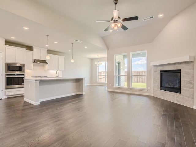 kitchen featuring visible vents, appliances with stainless steel finishes, dark wood-type flooring, open floor plan, and under cabinet range hood