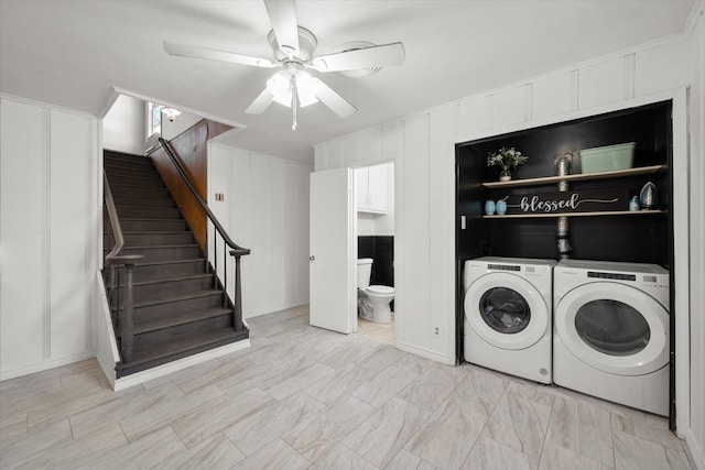 laundry room with laundry area, ceiling fan, and independent washer and dryer