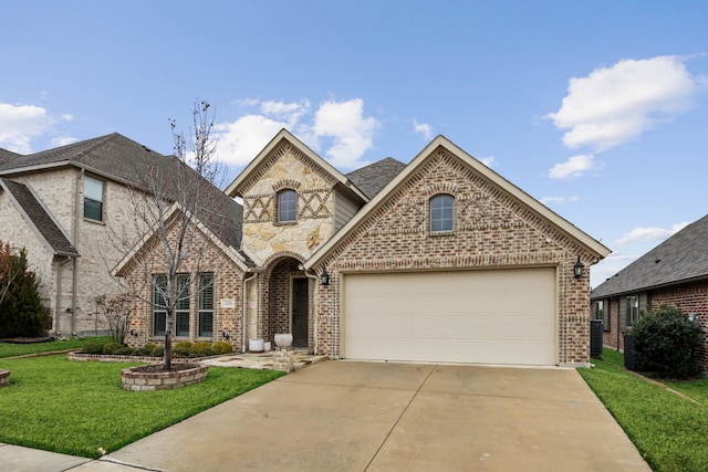 french country style house with a garage, driveway, stone siding, a front lawn, and brick siding