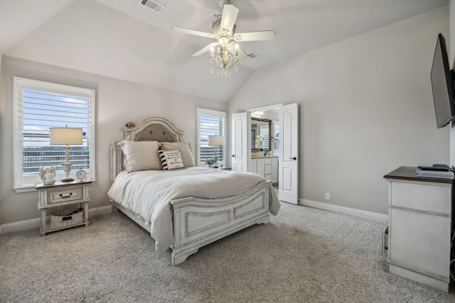 bedroom featuring lofted ceiling, carpet flooring, visible vents, and baseboards