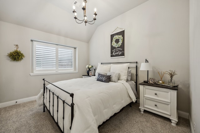 bedroom featuring visible vents, carpet flooring, vaulted ceiling, a chandelier, and baseboards