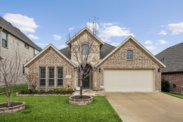 view of front of property featuring an attached garage, brick siding, driveway, roof with shingles, and a front yard