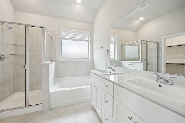 2013 Forest Wood, Mesquite, TX 75181 - full bathroom with a stall shower, a garden tub, double vanity, tile patterned floors, and vaulted ceiling