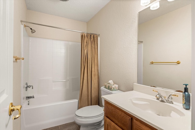 full bathroom with shower / bath combination with curtain, a textured wall, toilet, a textured ceiling, and vanity