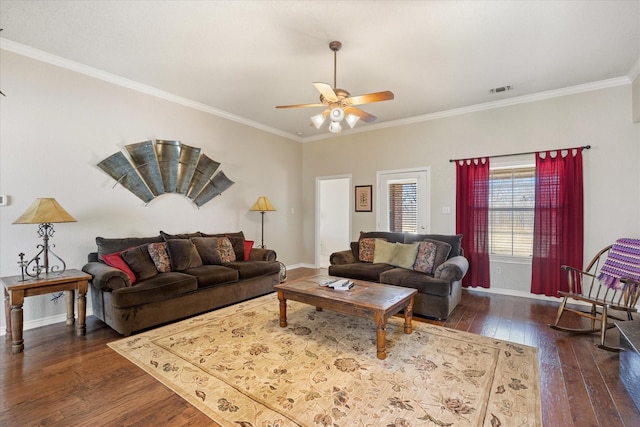 living area featuring ornamental molding, visible vents, dark wood finished floors, and baseboards