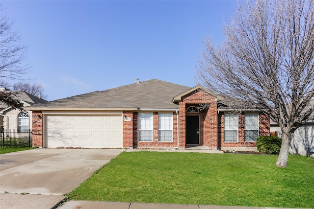 single story home with a garage, brick siding, fence, driveway, and a front yard