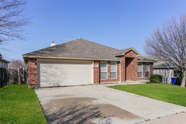 ranch-style home with a garage, concrete driveway, fence, a front lawn, and brick siding