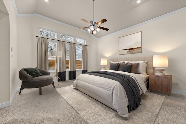 bedroom featuring crown molding, baseboards, light colored carpet, lofted ceiling, and a ceiling fan